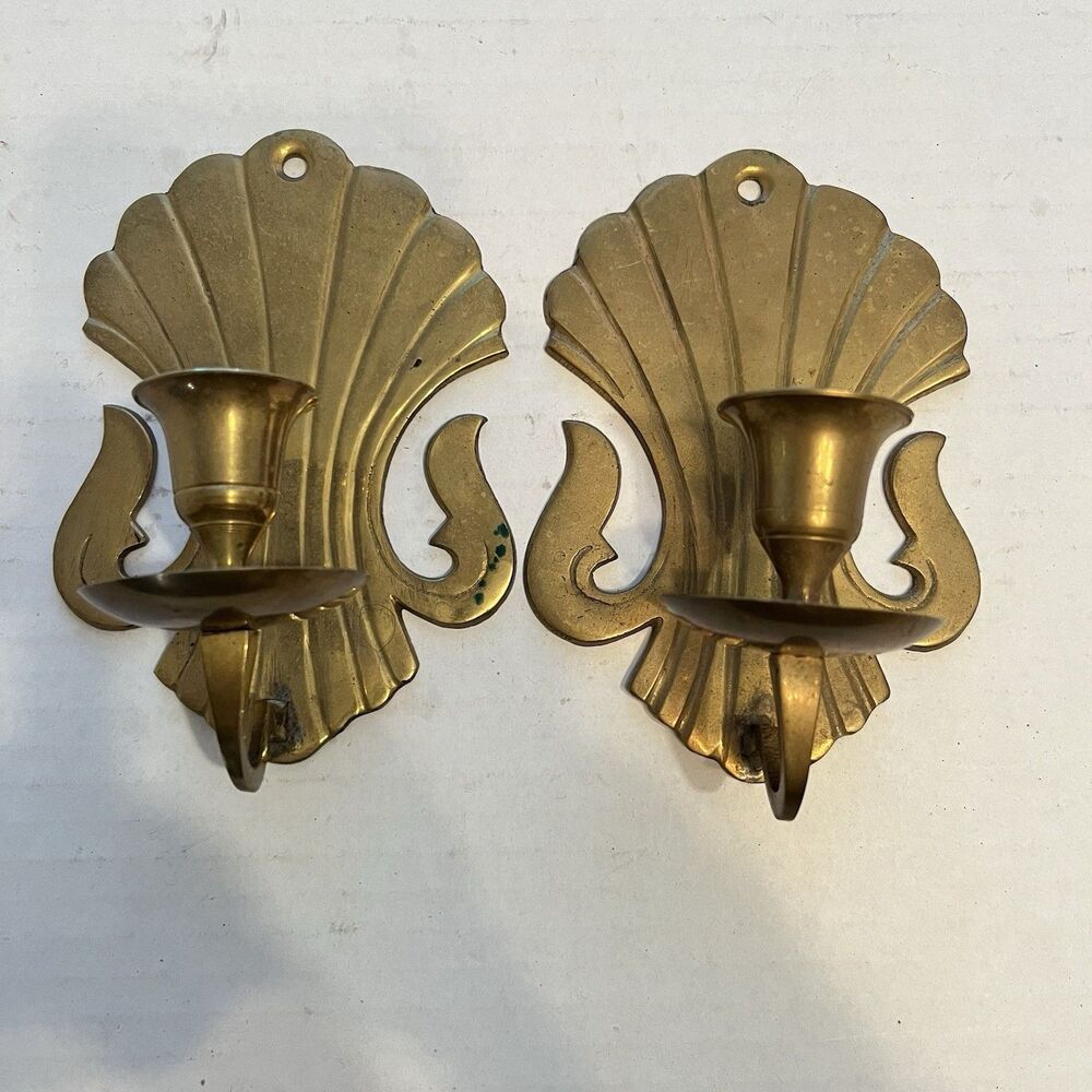Set Of 2 Vintage Lacquered Brass Wall Candle Sconces Hollywood Regency 6"